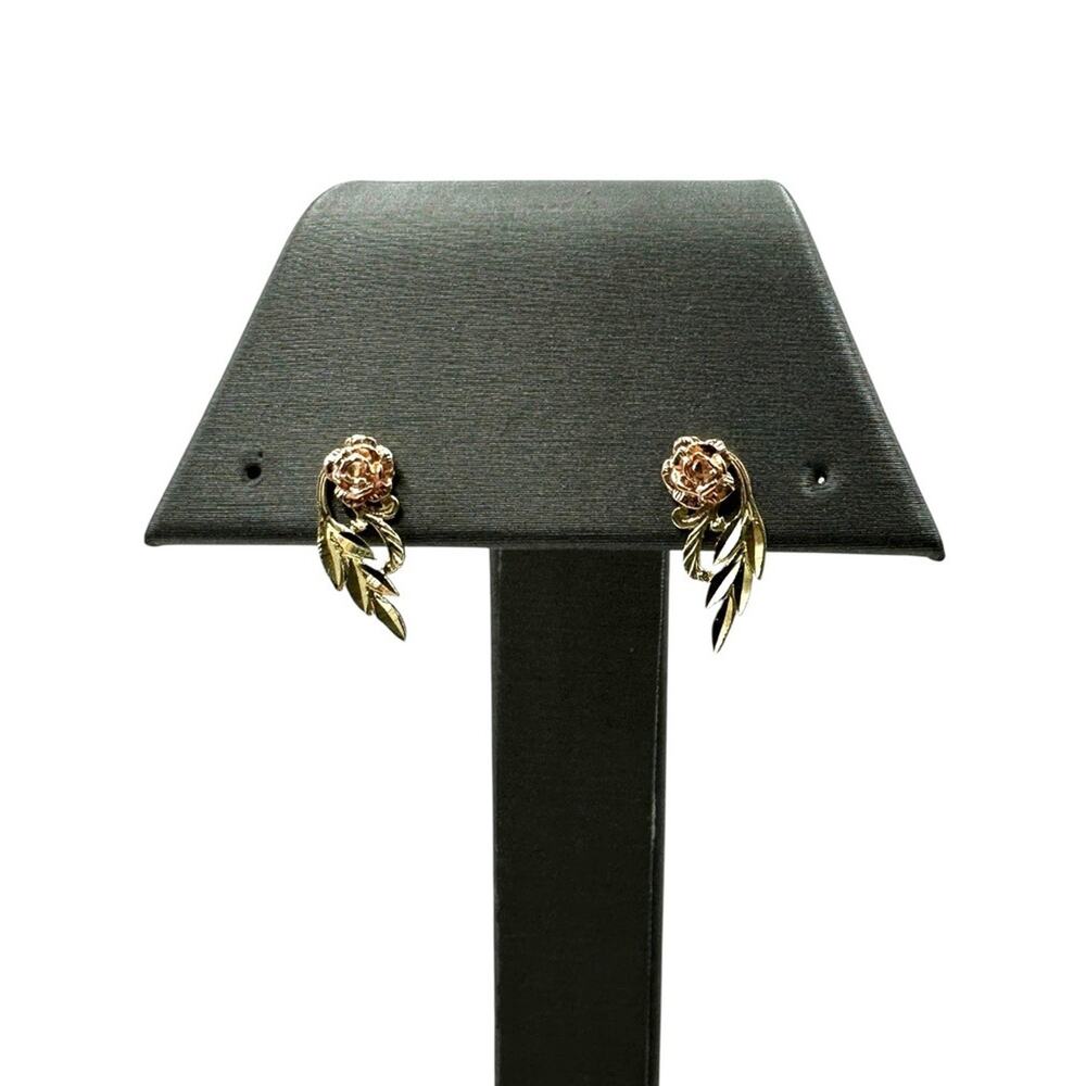 14K Two-tone Gold Rose & Leaves Earrings (20893)